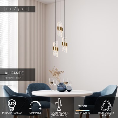 Lucide KLIGANDE - Pendant light - Ø 25 cm - LED Dim. - 3x8W 2700K - Matt Gold / Brass